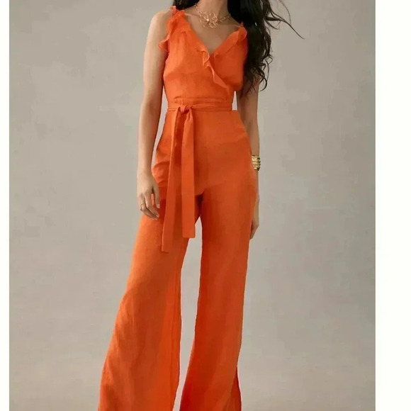 NWT Anthropologie Hutch Ruffle Trim Metallic Orange Tie Wrap Jumpsuit Size 6 - Picture 1 of 6